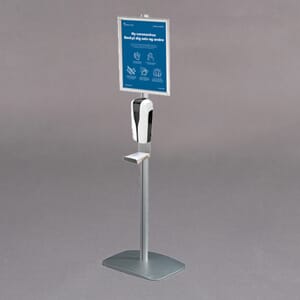 Stativ med antibac dispenser dryppskål og informasjonsplakat